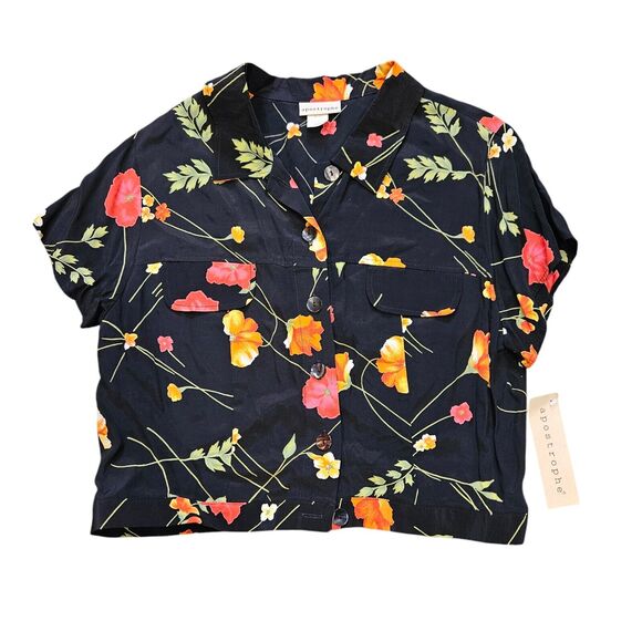 Vtg Apostrophe Floral Blouse Womens L Black Multi Cropped Boho Tropical NEW - Picture 1 of 9